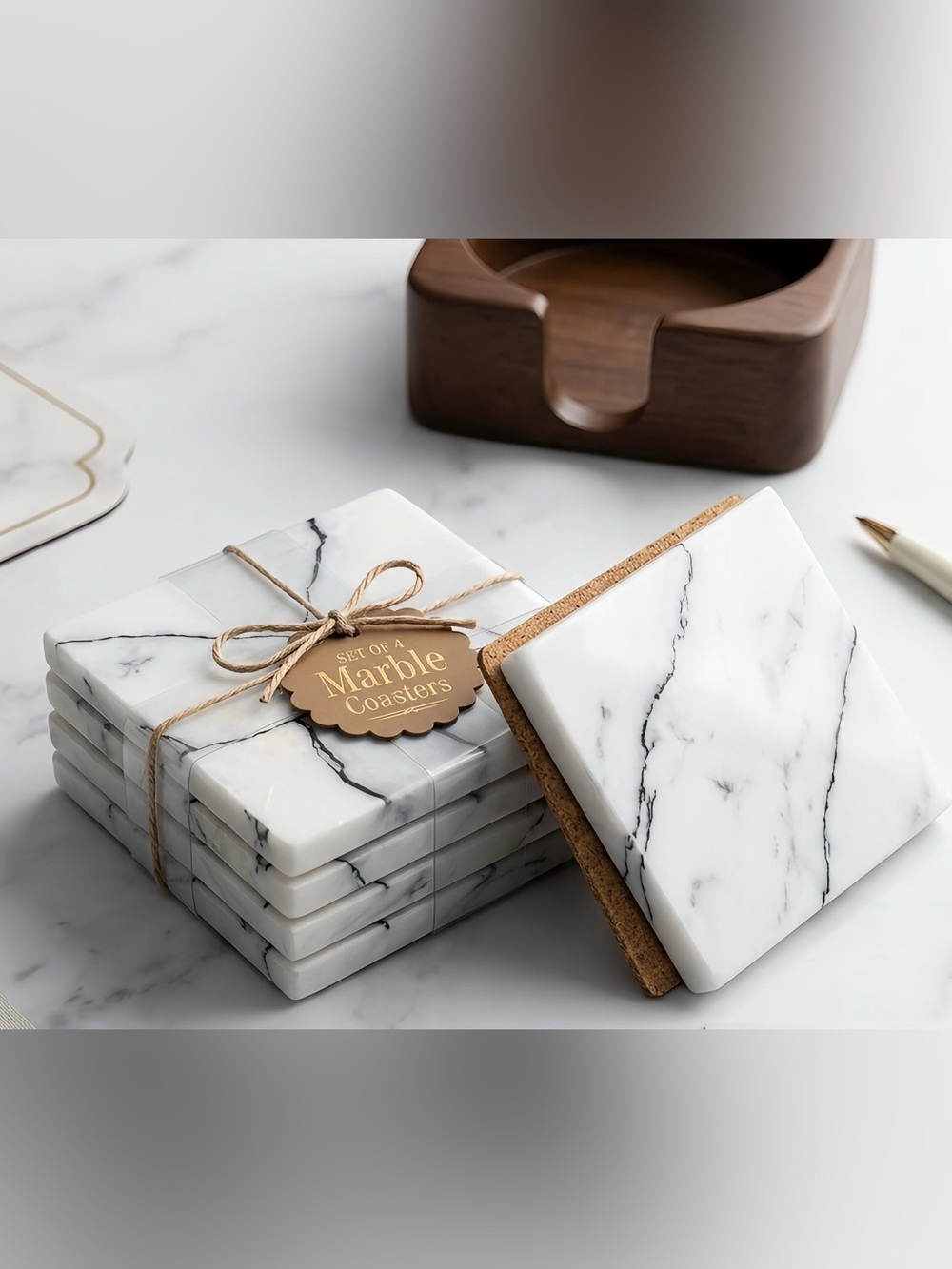 Set of 4 Marble Coasters - White with Gray